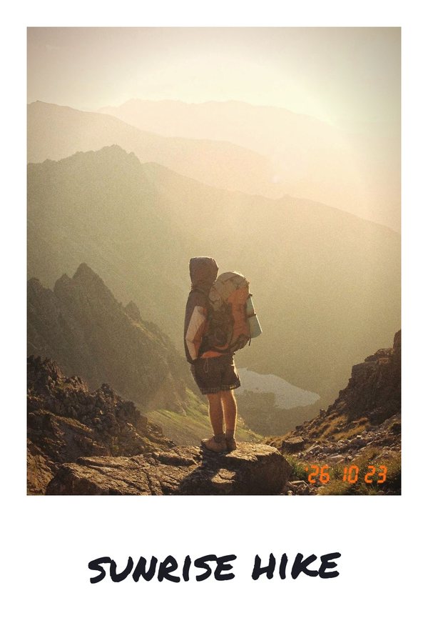A printed card: a hiker looking out over mountains at sunrise, with an orange date stamp in the corner and the caption sunrise hike written in marker below